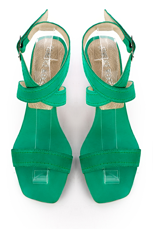 Emerald green women's fully open sandals, with crossed straps. Square toe. High wedge heels. Top view - Florence KOOIJMAN